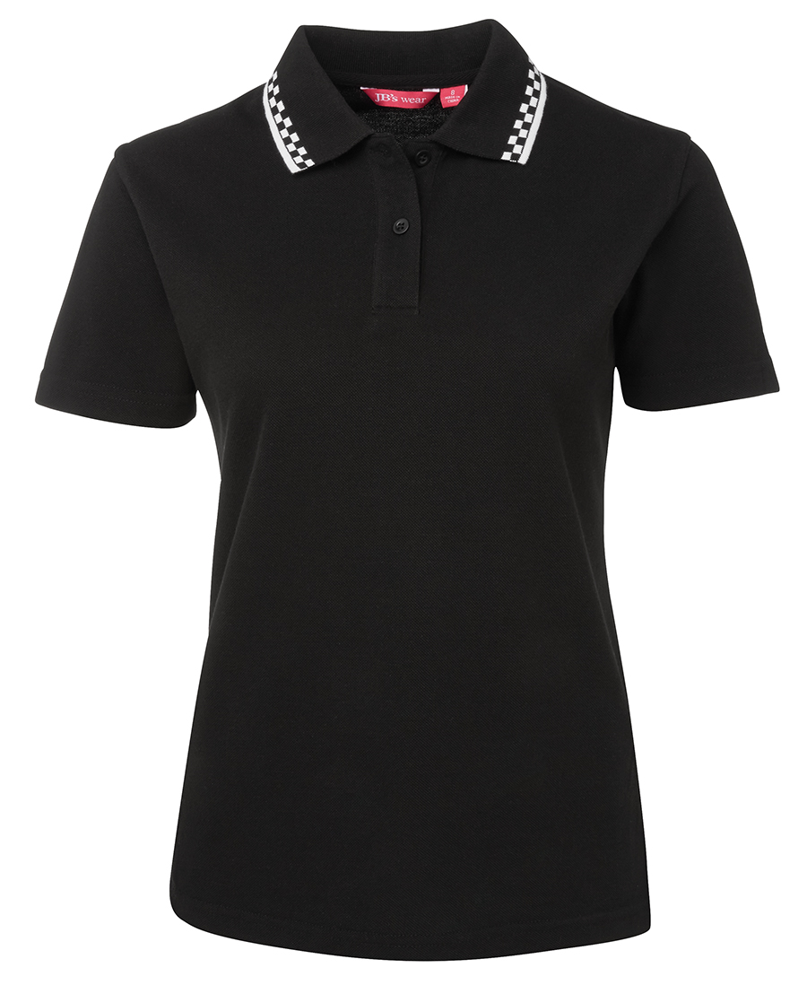 LADIES CHEF POLO BLACK/WHITE -08 -210GSN DOUBLE PIQUE KNIT FABRIC