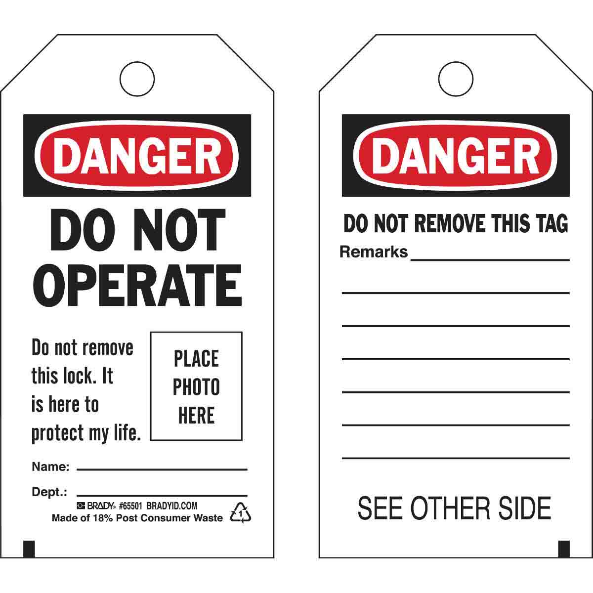 TAG DANGER WITH PHOTO ID PACK OF 10 SELF SEALING LAMINATE