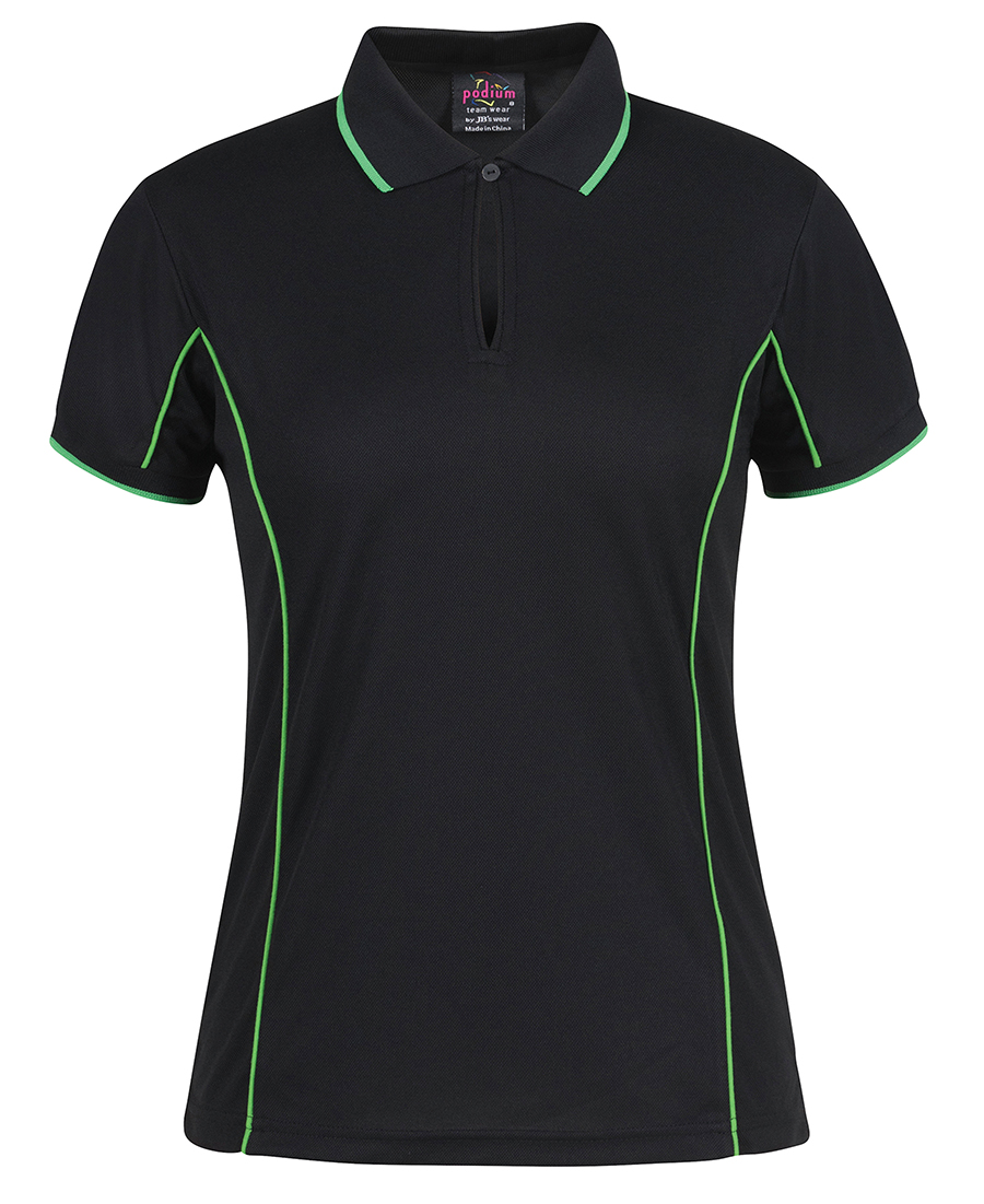 LADIES PODIUM PIPING POLO S10 -BLACK/PEA GREEN 100%POLYESTER