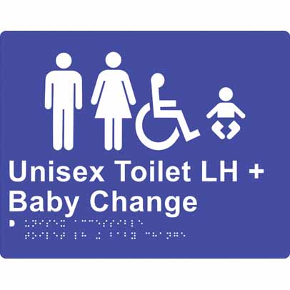 SIGN UNISEX TOILET LH+ BABY CHANGE 220 X 180mm POLY BLUE BRAILLE