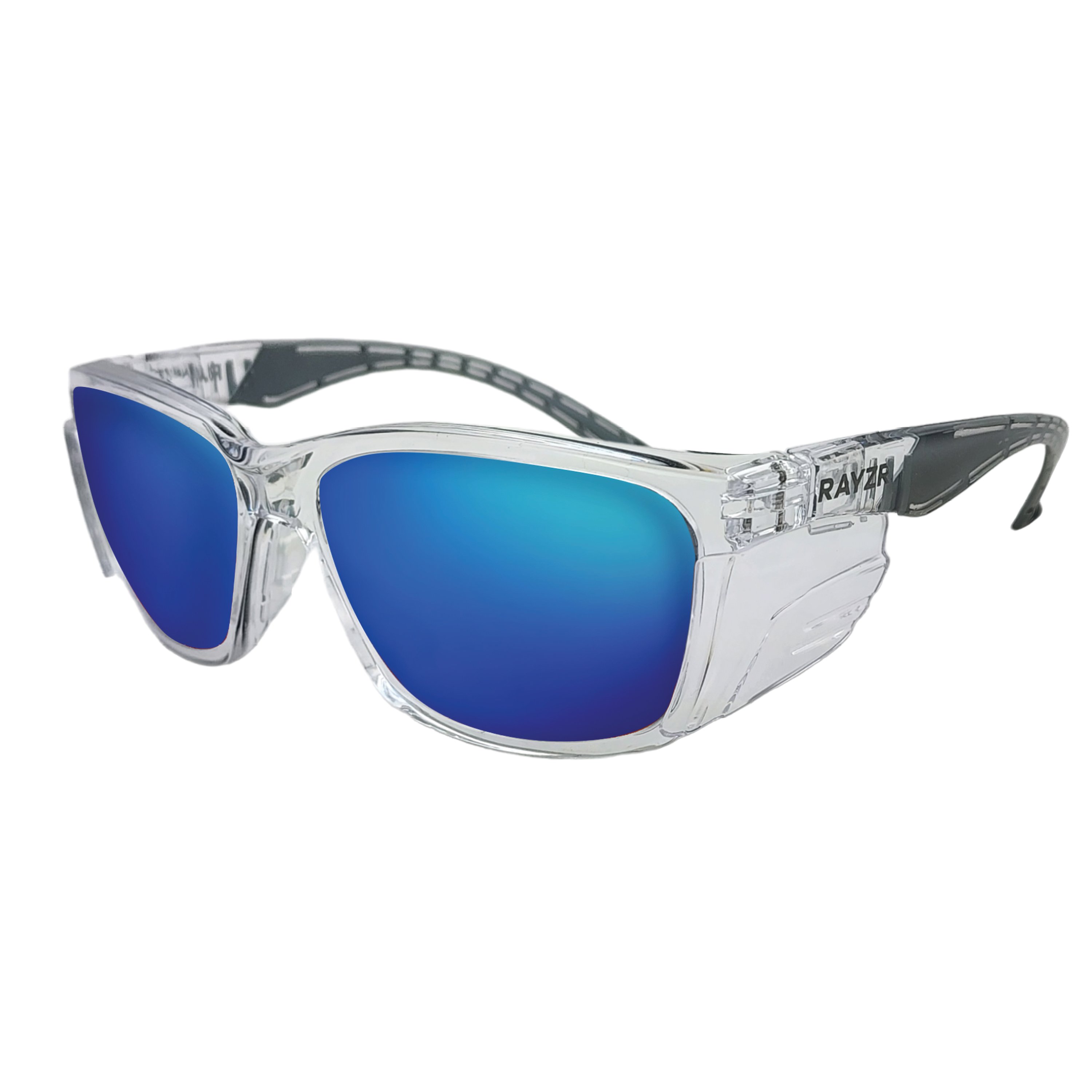RAYZR SAFETY GLASSES - BLUE MIRROR - CLEAR FRAME - POLARISED