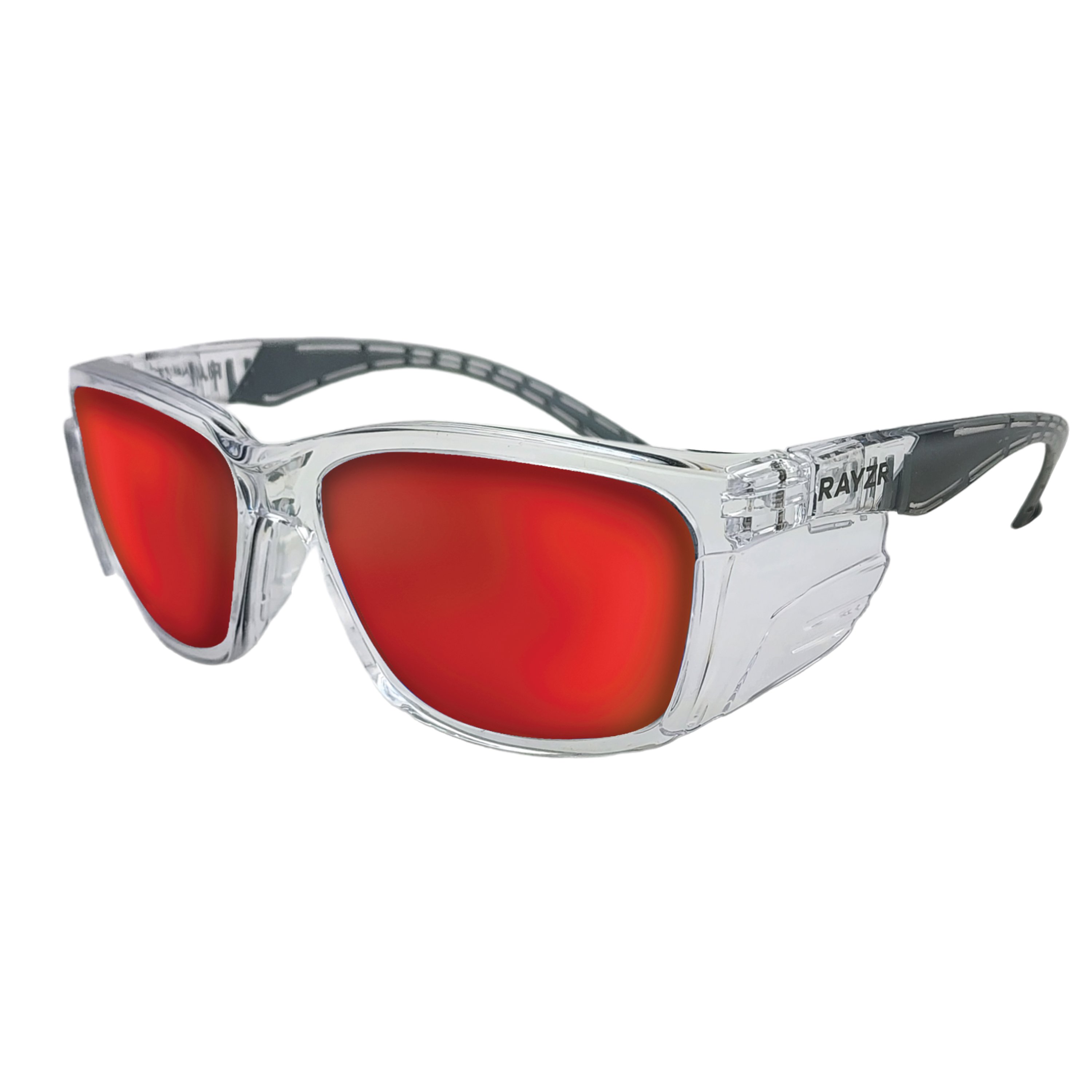 RAYZR SAFETY GLASSES - RED MIRROR - CLEAR FRAME - POLARISED