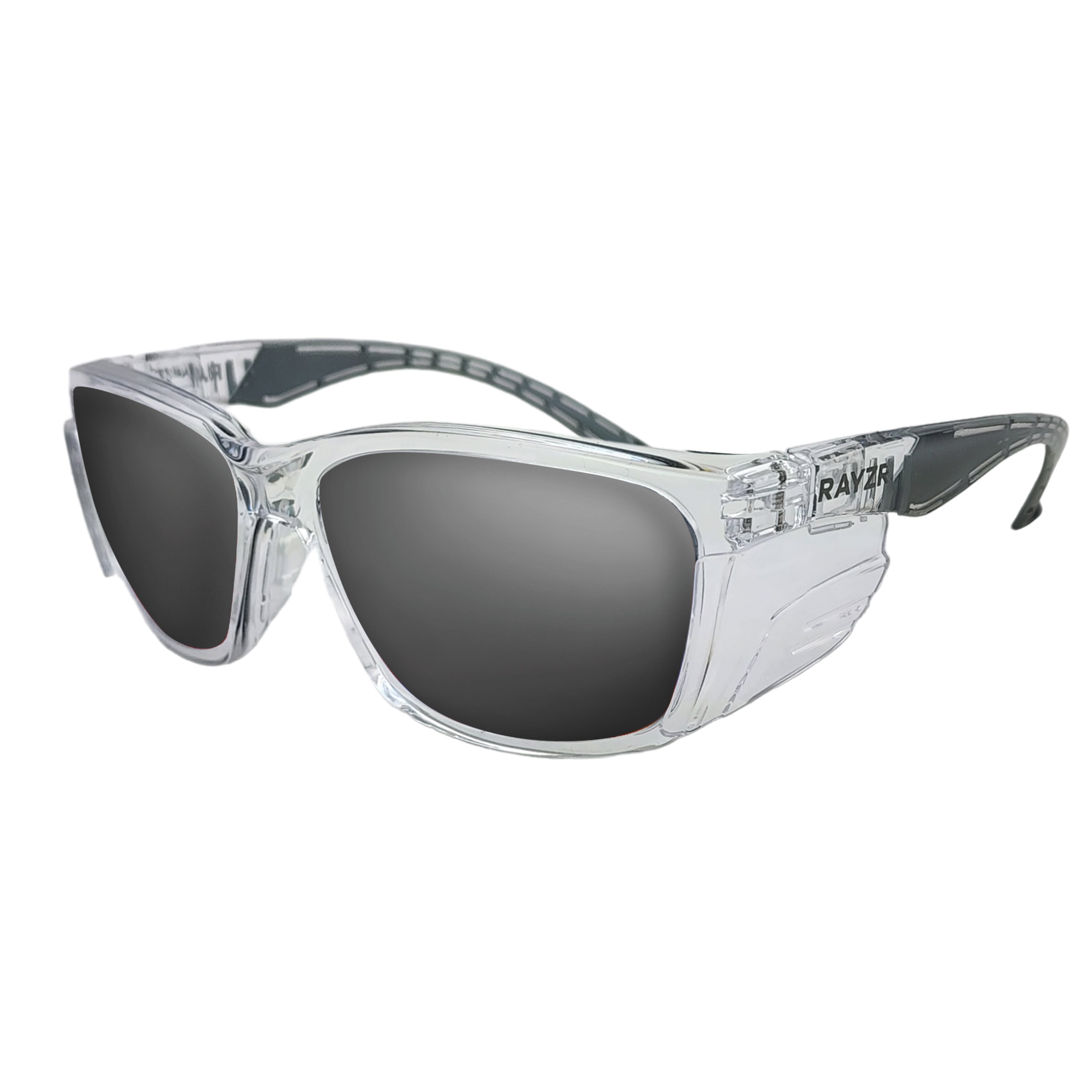 RAYZR SAFETY GLASSES - SMOKE LENS - CLEAR FRAME