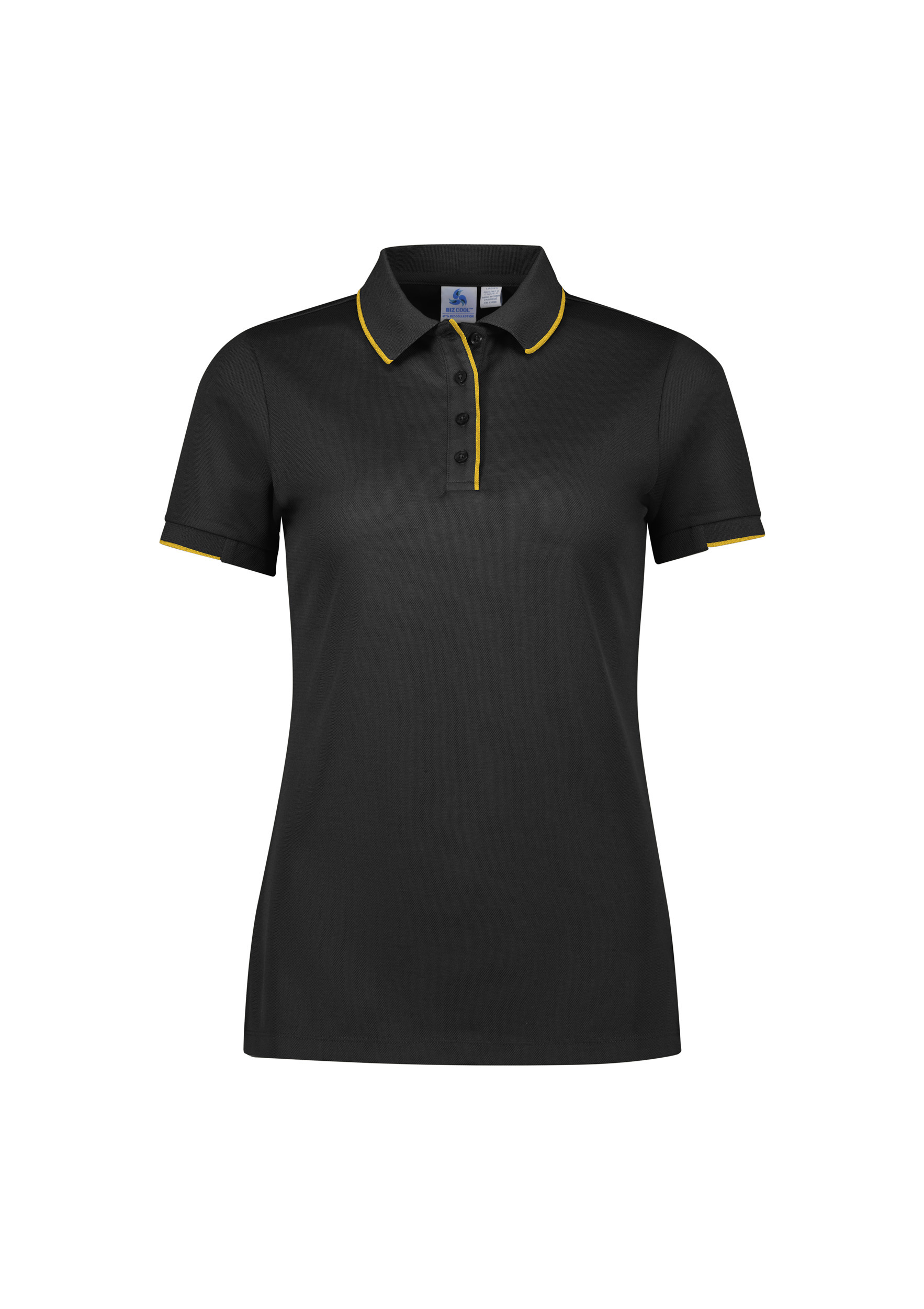 WOMENS FOCUS POLO BLK/GOLD 10 80% POLY, 20% COTTON-BACK 185GSM