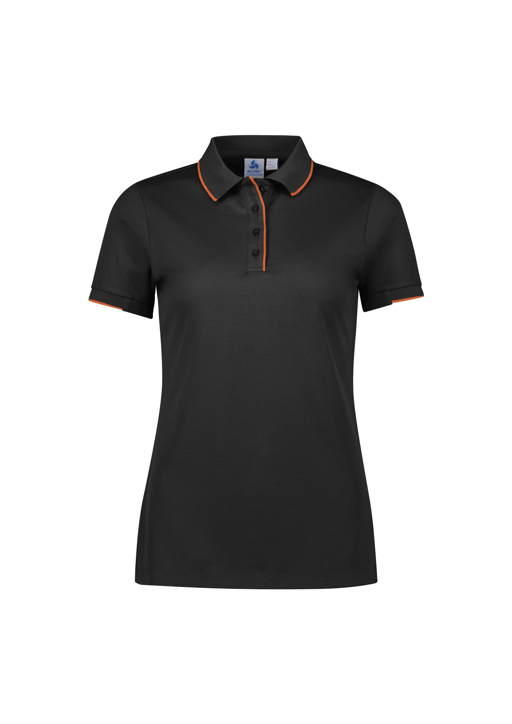 WOMENS FOCUS POLO BLK/ORG 10 80% POLY, 20% COTTON-BACK 185GSM