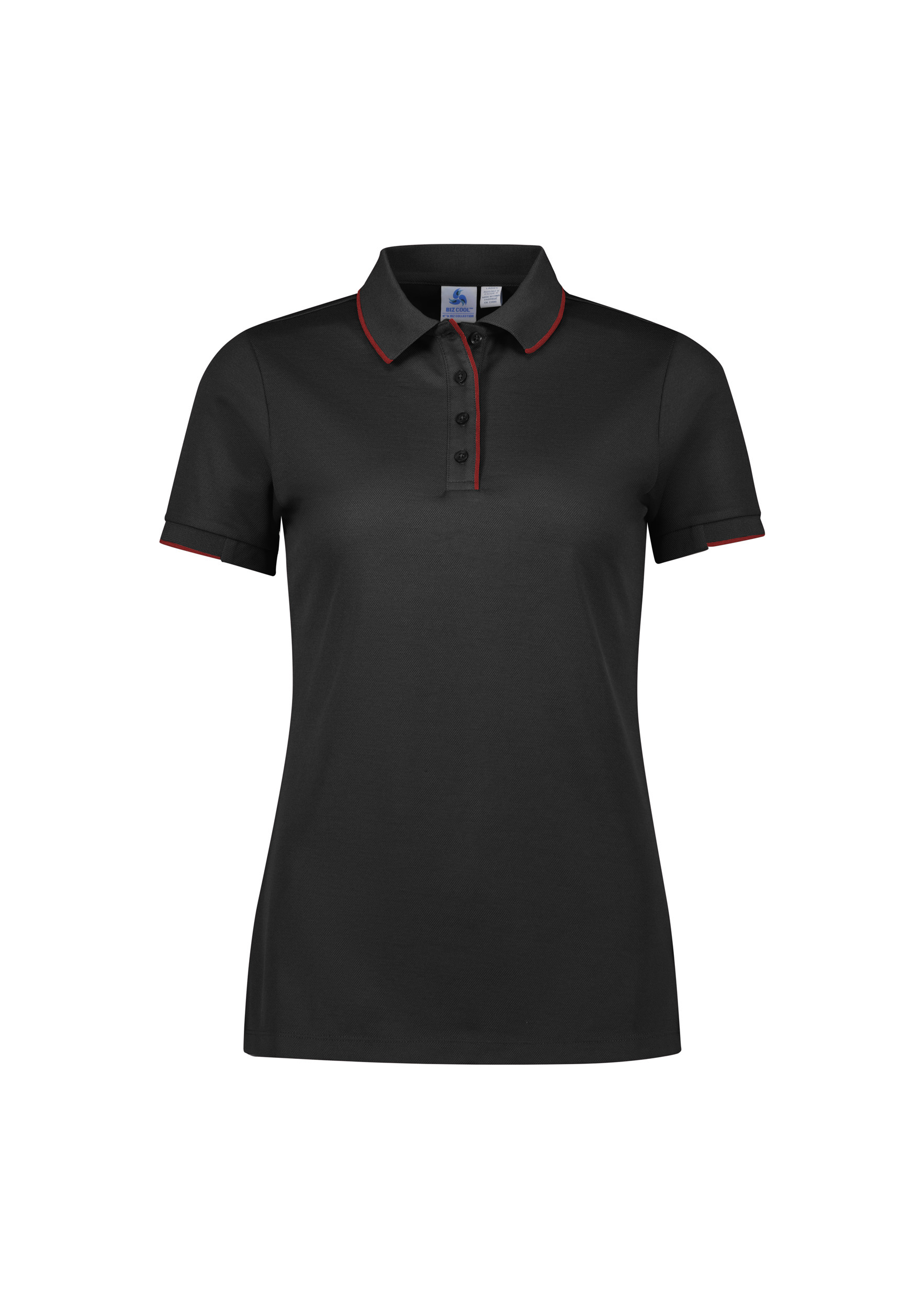 WOMENS FOCUS POLO BLK/RED 10 80% POLY, 20% COTTON-BACK 185GSM