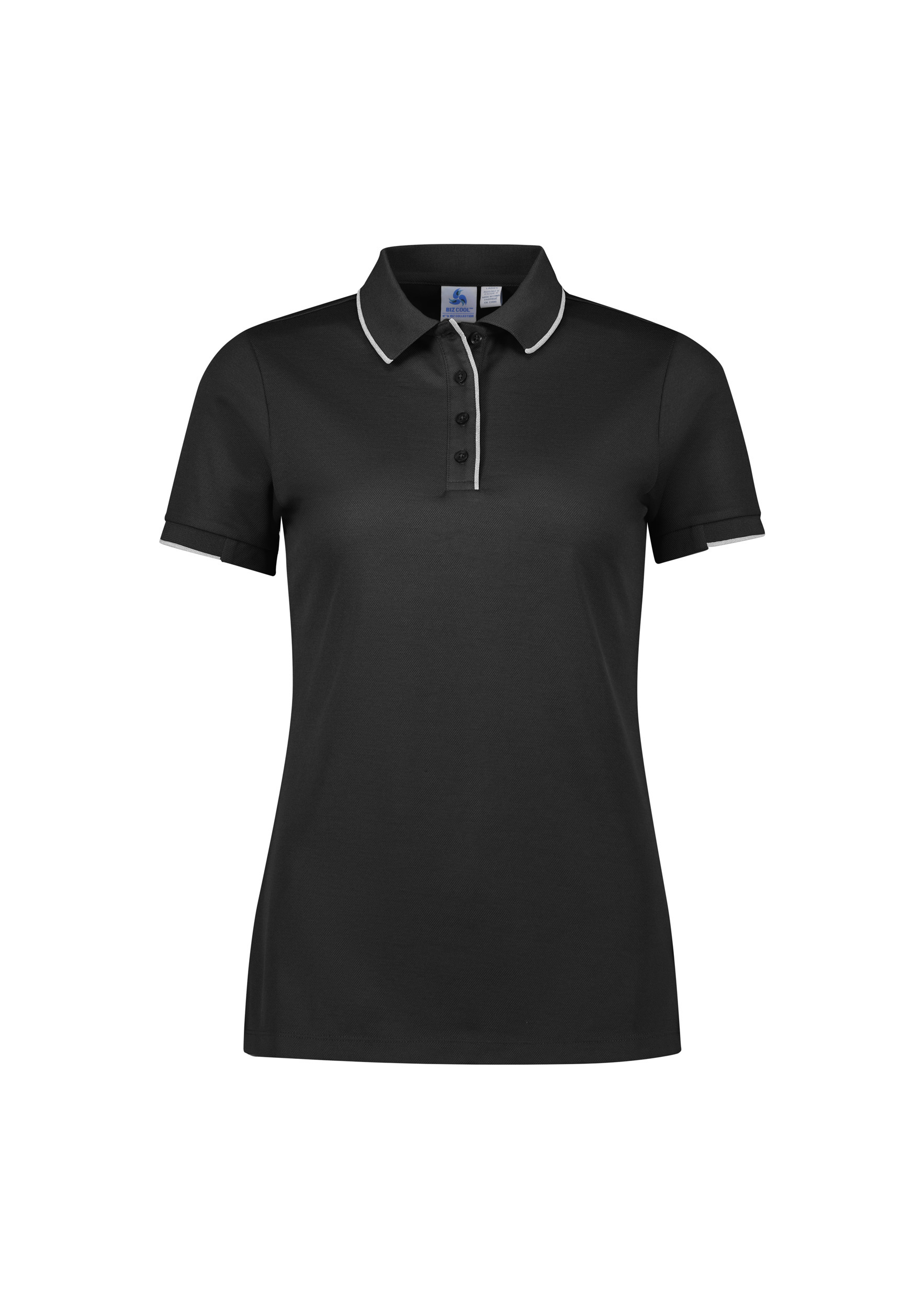 WOMENS FOCUS POLO BLK/WHT 10 80% POLY, 20% COTTON-BACK 185GSM