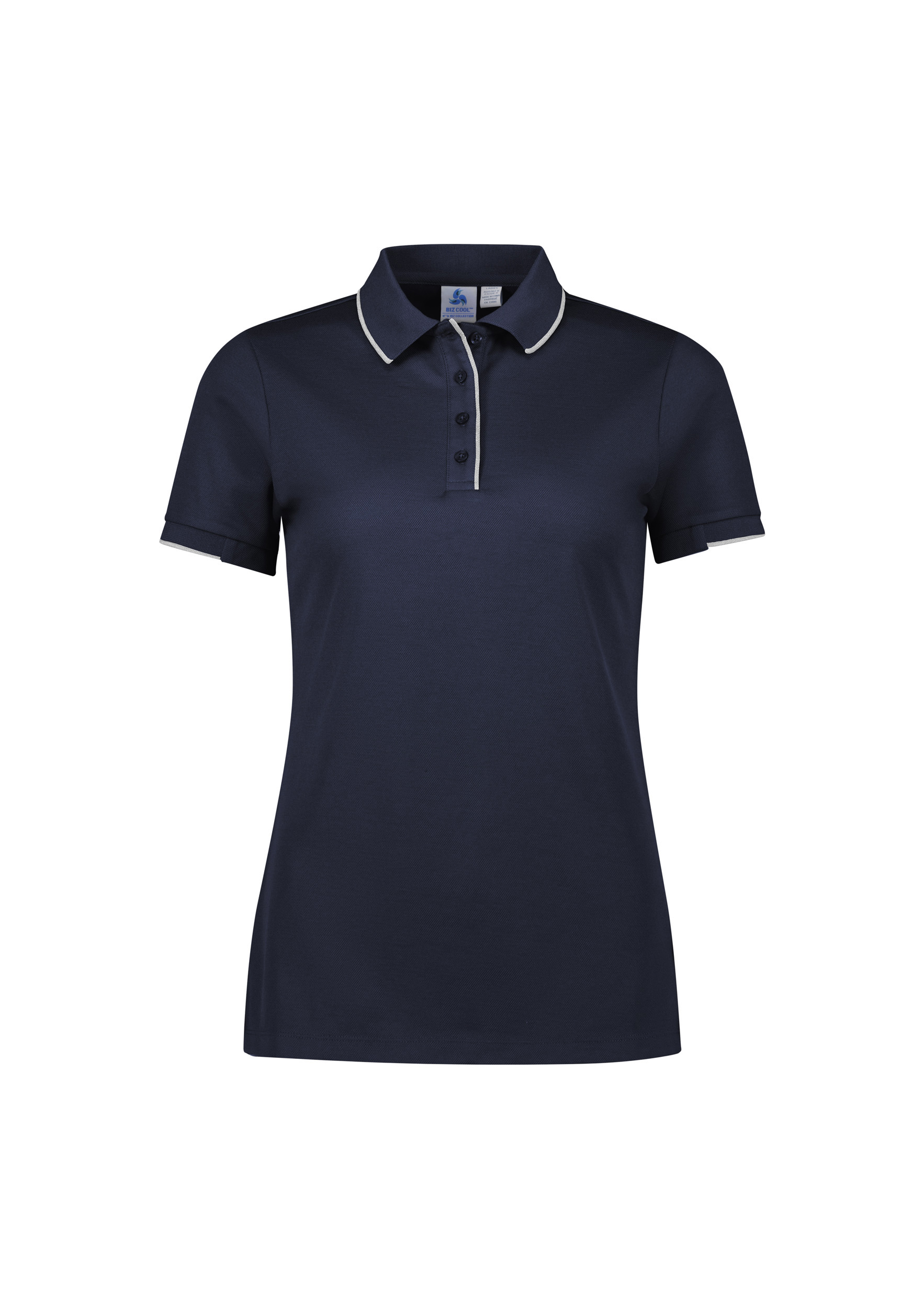 WOMENS FOCUS POLO NAVY/WHT 10 80% POLY, 20% COTTON-BACK 185GSM