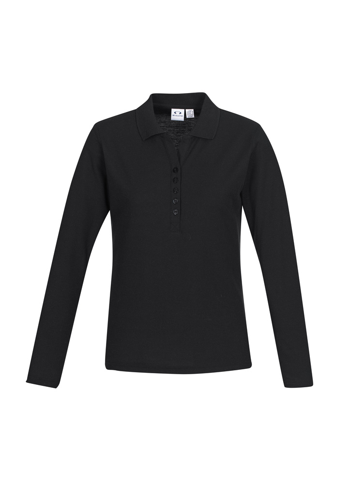 LADIES CREW POLO L/S BLACK S10 -65% POLY 35% COTTON PIQUE