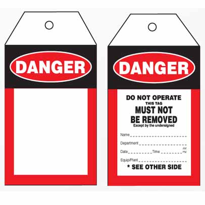 DANGER BLANK (pkt 100) 140 x 75 TEAR PROOF POLY