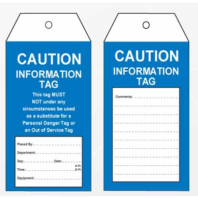 CAUTION INFORMATION TAG (pkt 100) 140 x 75 TEAR PROOF POLY