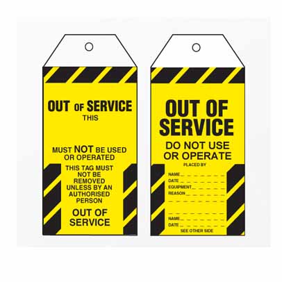 CAUTION OUT OF SERVICE (pkt 100) 140 x 75 TEAR PROOF POLY