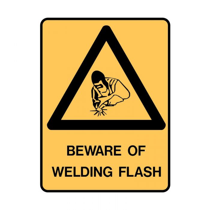 BEWARE OF WELDING FLASH METAL 450 X600MM